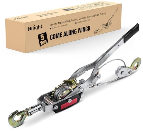 Nilight Come Along Winch 5 Ton /10,000 Lbs Heavy Duty Come Along Cable Puller Hand Winch Tool with 10 Ft Rope Double Gear 3 Hook for Lifting Pulling Road Vehicle Recovery Automotive Hoist Winch Puller