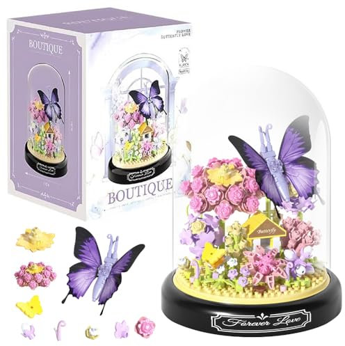 KBIBCK Blumen Bausteine Set, Blumen Bauspielzeug Set, 582-Teile Mini Baustein, Blumenstrauß Baustein mit Schutzhülle,Blumen Insekten Klemmbausteine Bausteine Geschenk für Mama Freundin(Lila Butterfly)