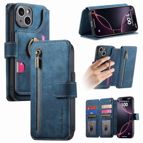 Trugox Zip Wallet Case for Apple iPhone 13 Phone Case with Ring Stand RFID Blocking Safe Card Holder Leather Purse Folio Book Folding Flip Case Cover Women Men - Blue