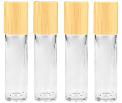 4 Pack 10ml/0.33 Oz Bamboo Roll On Bottle,Empty Clear Glass Roller Bottle for Essential Oils Stainless Steel Roller Balls Portable Massage Stainless Steel Roller Ball Glass Vial Aromatherapy travel