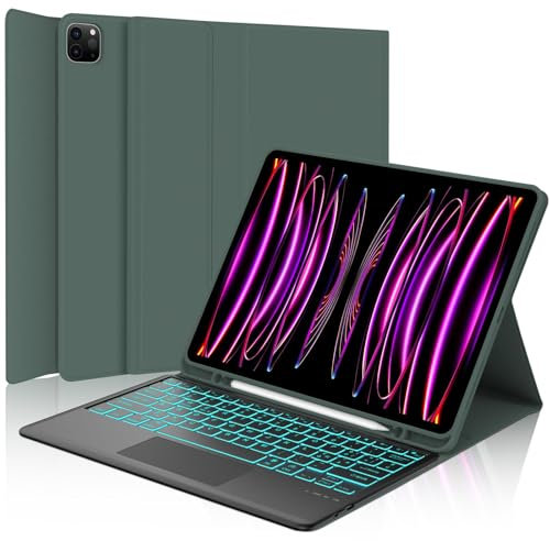 Tastiera per iPad Pro 12.9 con Touchpad, Cover con Tastiera per iPad 12.9, Custodia QWERTY Bluetooth Magnetica Retroilluminata Keyboard per ipad pro 12.9 pollici 6/5/4/3 Generazione, Verde Scuro