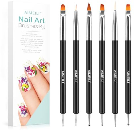 AIMEILI Nail Dotting Tools for Gel Nail Polish Nail Art, 6PCS Double-ended Liner Brushes Design Pen French Nail Brush DIY Manicure Tools Kit