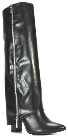ESSEX GLAM Women's Knee High Fold Over Boots Ladies Zip Details Classic Faux Leather Western Style Pointed Toe Long Shoes Size 3-8