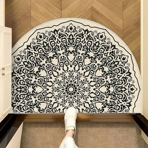 Gualiy Halbrund Teppich Esstisch, Teppich 80x120 Polyester Mandala Wohnzimmer Teppiche, Schwarz Beige