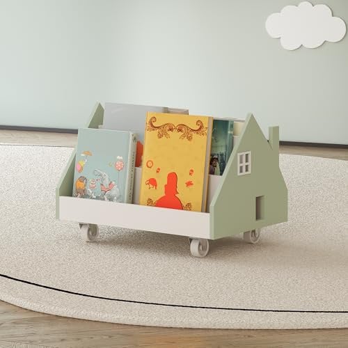 [en.casa] Mobiles Bücherregal für Kinder Vipsali Kinderregal in Hausoptik mit 4 offenen Fächern Aufbewahrungsregal mit Rollen 50 x 33 x 34 cm Mintgrün/Weiß