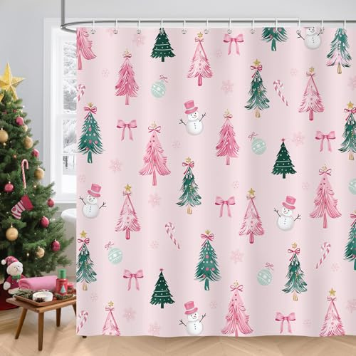 COZZSNUGE Duschvorhang 180 x 180 cm Weihnachten, Rosa Grüner Weihnachtsbaum Schneeflocke Schneemann Duschvorhänge Anti-schimmel Wasserdicht Polyester Stoff Badvorhang mit 12 Duschvorhangringen