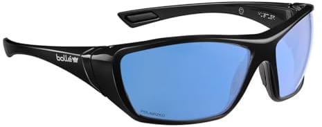 Bolle HUSTLER safety glasses with cobalt flash polarized lens, wraparound frame, non‑slip fit and PLATINUM Lite anti‑scratch and anti‑fog coating, CE and UKCA marked to EN standards.