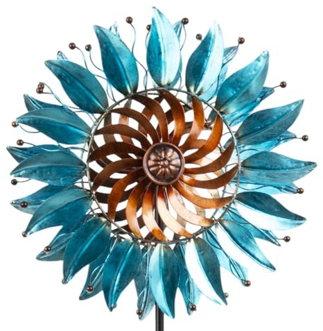 Windrad Metall Blume Türkis Gold glänzend Gartenstecker 122cm Garten Dekoration Deko