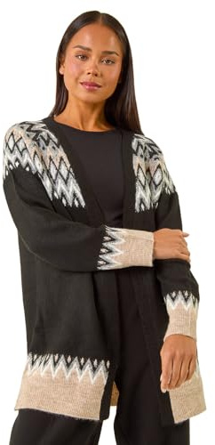 Roman Originals Women Cardigan - Ladies Longline Coatigan Tassel Open Front Cardi Winter Autumn Casual Textured Edge to Edge Yarn Patterned Comfy Work Going Out - Petite Noir - Size 10