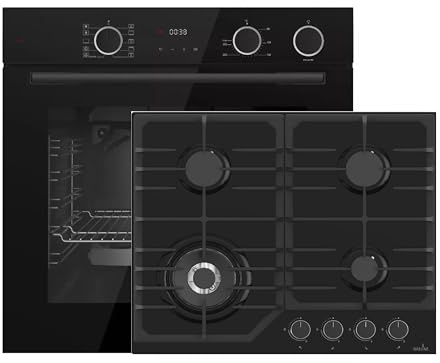 Böhme Einbaubackofen Set 60 cm mit Gasline Gaskochfeld – 73L XXL Backofen mit AirFry & Dampfunterstützung, 10 Funktionen, 280°C, versenkbare Knebel + 4-Flammen Gas Kochfeld mit Wokbrenner 3,8 kW, Schw