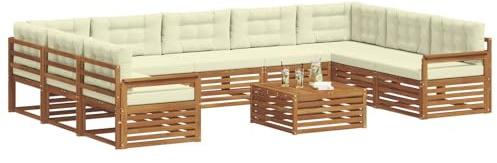 vidaXL Sofagarnituren 10 pcs Natur und Creme Massivholz Akazie, Moderner Garten-Sofa, Outdoor-Sitzgruppe, Lounge-Set für die Terrasse, bequem und robust