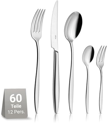 VEGA Sydney Besteckset 60-teilig für 12 Personen Edelstahl 18/10 | Silber, Hochglanzpoliert, Spülmaschinenfest, Rostfrei, 12x Menümesser, Menügabel, Menülöffel, Kaffeelöffel, Kuchengabel