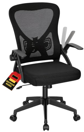 WOLTU Bürostuhl, Schreibtischstuhl mit hochklappbare Armlehnen, Schwarz | 360° drehbar und höhenverstellbar, mit Lendenwirbelstütze, 90 bis 105° Wippfunktion, 150 kg, mit Atmungsaktiv Netzstoff