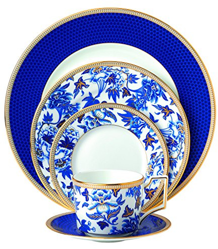 Wedgwood - Set di 5 posti, motivo: ibisco, Bone China, Blu reale, taglia unica
