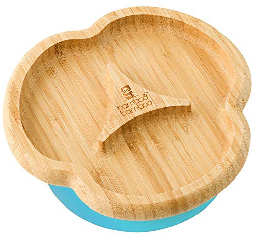 bamboo bamboo Assiette bébé et bambin en bambou, assiette à ventouse pour repas et sevrage, assiette compartimentée en bambou avec ventouse sécurisée dès 6 mois (Diviseur, Bleu)