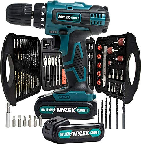 MYLEK 18V Li-ion Cordless Drill Driver Set 131 Piece Combi Accessory Kit - LED Worklight (131 Piece Drill Set & 2 Batteries, Blue)
