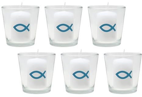 ZauberDeko 6X Kerze Votivkerze Fisch Türkis Petrol Blau 6X Votivglas Kommunion Konfirmation Tischdeko Kerzenglas