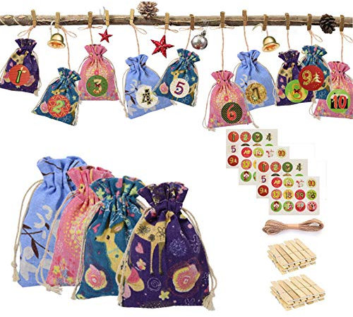 Atack-B 24 Adventskalender Zum Befüllen,Weihnachten Geschenktüten Mit 48 Adventszahlen Aufkleber,DIY Stoffbeutel Weihnachtskalender Tüten (Mehrfarbig)