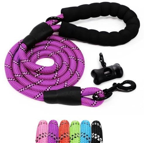 Furdreams 1.5m (5ft) Slip-On Dog Lead - One-Size-Fits-All Leash with Soft Padded Handle & Highly Reflective Threads - Durable & Weather Resistant Climbers Rope for Dogs - Waste bag dispenser included
