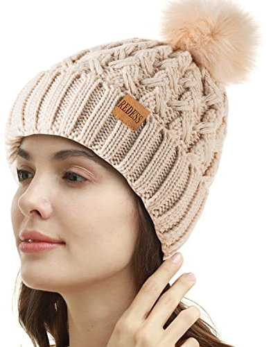 REDESS Cappello Invernale da Donna con Pompon con Pompon Cappelli Caldi Foderati in Pile, Berretto Incrociato in Maglia di Neve Spessa e Morbida per Le Signore