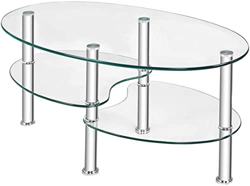Mokka-Glas-Couchtisch, 3-stöckig, modern, oval, glatter Glas-Teetisch mit geräumiger Glasplatte und stabilen verchromten Beinen, Beistelltisch für Zuhause, Wohnzimmer, Büro, Empfang (transparent)