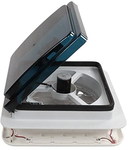 RV Roof Vent Fan, 12V Motorhome Vent Fan Intake and Exhaust RV Ventilation Exhaust Fan with LED Light, Manual Van Bathroom Roof Vent Fan with Insect Proof Net for Camper Trailer, 360x360mm