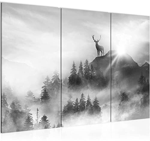 Runa Art Wandbilder Wald Hirsch Bild XXL Wohnzimmer Schlafzimmer Schwarz Weiss Natur Berge 120 x 80 cm 3 Teilig 042831c