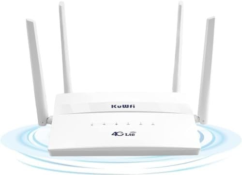 KuWFi Unlocked 4G LTE Cat 4 Modemrouter mit SIM-Kartensteckplatz, WLAN Dual-Band AC750, 4G Cat4 bis zu 150 Mbit/s, 3 Ports, 4 WiFi Antennas, PoE-Adapter, VPN, Plug and Play, 32 WiFi Geräte