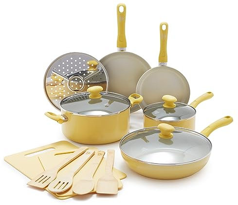GreenLife Soft Grip Healthy Ceramic Nonstick 15 Piece Kitchen Cookware Pots and Frying Sauce Saute Pans Set, PFAS-Free with Kitchen Utensils and Lid, Dishwasher Safe, Yellow