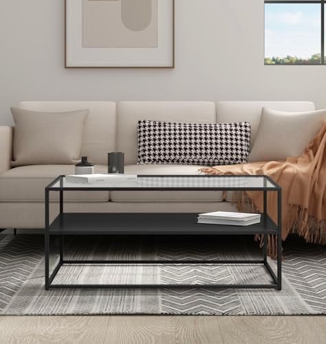 Hallowood Furniture Bewdley Black Metal Coffee Table with Glass Top, Industrial Style Large Rectangular Centre Living Room Table with Shelf for Modern Living Rooms