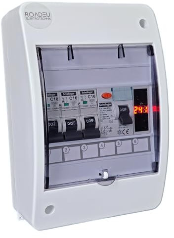 RoadEu - Leitungsschutzschalter - Stromverteiler 230V - Komplett mit Spannungsanzeiger - Fi Schutzschalter - 16A Sicherungsautomat und 10A C 1P in einem Aufputz Verteilerkasten