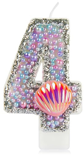 Mermaid 4th Birthday Candles for Cake,Macaroon Number 4 Candle with Pink Shell,Girls 4th Birthday Decorations,Pink Purple Candle Pearls Cake Toppers for Girls Birthday Party Decorations Supplies