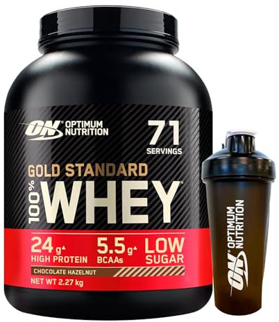 Optimum Nutrition Gold Standard 100% Whey Proteine in Polvere per Massa Muscolare gusto Cioccolato al Latte 2,27kg 71 Porzioni + SHAKER