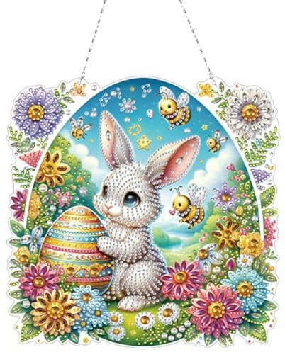 Starnearby Türkranz Ostern DIY Diamond Painting Ostern Anhänger Diamant Painting Fensterbilder Ostereier zum Aufhängen Diamant Malerei Basteln Ostern Kinder (Kaninchen und Blumen)