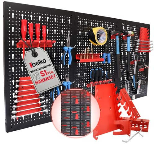Belko® Werkzeugwand Rot 3er Set | je 120x60 cm (kombinierbar zu 360x60 cm, 120x180 cm oder 180x120 cm) | inkl. 51-teiligem Haken & Regal Set | Lochwand Metall Pegboard Werkzeughalter Organizer Regal