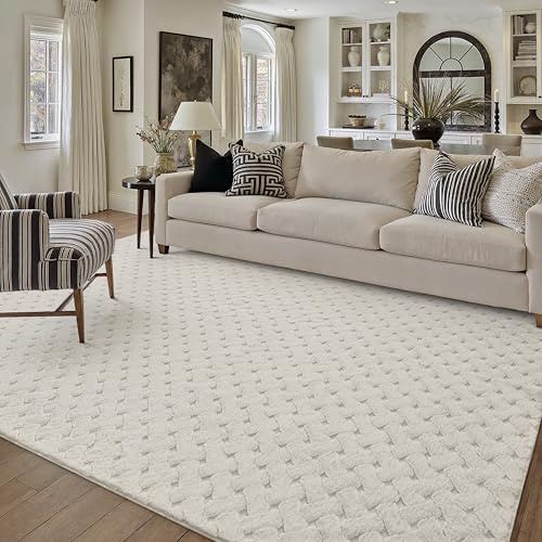 PureCozy Teppich 160x230cm Creme Wohnzimmer Schlafzimmer Flauschiger Teppiche Waschbarer Weich Groß Fellteppich Carpet Modern rutschfest Esszimmer BüRo 3D Effect Rautenmuster Faux Fur