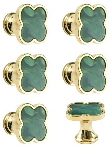 MOROBOR 6 PCS Four-Leaf Clover Handle, Creative Cabinet Drawer Pulls Multifunctional Single Hole Zinc Alloy Knobs for Dresser Wardrobe Door Furniture Accessories/Gold Base with Green Surface