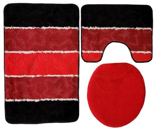 Ilkadim Orion Badgarnitur 3 TLG. Set 50x80 cm Mehrfarbig gestreift, WC Vorleger mit Ausschnitt für Stand-WC (schwarz rot Creme)