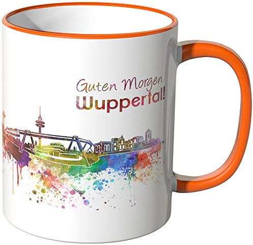 WANDKINGS® Tasse, Schriftzug Guten Morgen Wuppertal! mit Skyline - ORANGE