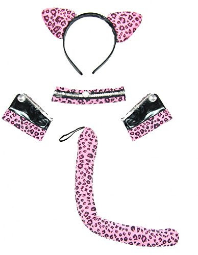 Foxxeo 35306 | schwarz pinkes Leoparden Kostüm Set für Damen | Haarreif, Halsband, 2 Armbänder und Schwanz | Leopard Katze Katzenkostüm Leopardenkostüm schwarz Katzenschwanz Ohren Schwanz Tierkostüm