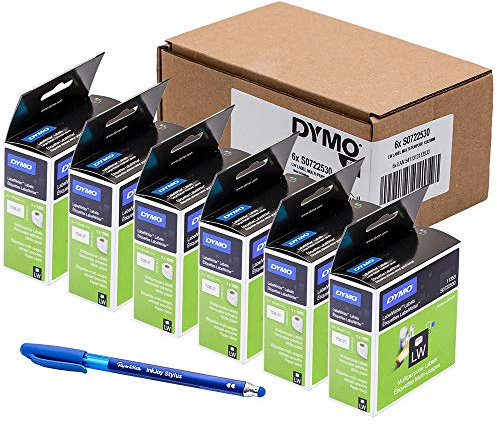 6 x Dymo S0722530 LabelWriter Universal-Etiketten, 11353, selbstklebend, 13 x 25 mm, Rolle mit 1000 Stück - Druck schwarz auf weiß + PAPERMATE Geschenkstift