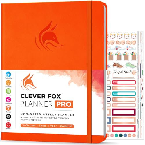 Clever Fox Planer PRO - Wöchentlicher & monatlicher Lebensplaner zur Steigerung der Produktivität (Orange (Undatiert), A4 (21.5 x 28cm) Englisch)