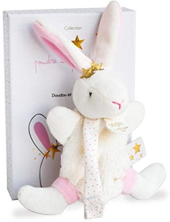 Doudou et Compagnie - Attache Tétine Doudou Lapin avec Etoile - Collection Perlidoudou - 15 cm - Blanc/Rose - Attache Sucette avec Boîte Cadeau - Idée Cadeau Naissance Bébé - DC3510