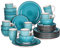 vancasso Serie BELLA Juego de Vajilla 32 Piezas, Vajilla de Cerámica para 8 Personas, Vajilla pintada a mano Completa con 8 Tazas, 8 Cuencos, 8 Platos Llano y 8 Platos de Postre, Verde Azulado