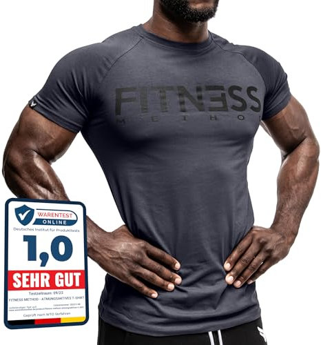 Fitness Method, Sport T-shirt Herren, Slim-Fit Shirt bequem & hochwertig Männer, Rundhals & Tailliert, Training & Freizeit, Gym & Casual Workout Mann, 95% Baumwolle, 5% Elastan,(Anthrazit - Schwarz L)