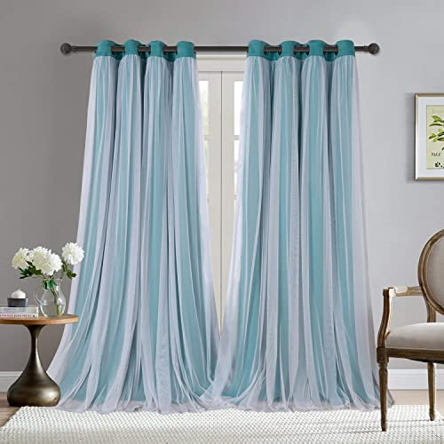 BONZER Gardinen aus Voile- und Verdunkelungsvorhänge, fertig montiert, mit Ösen, für Wohnzimmer, Türkis, 132 x 244 cm, Set mit 2 Bahnen