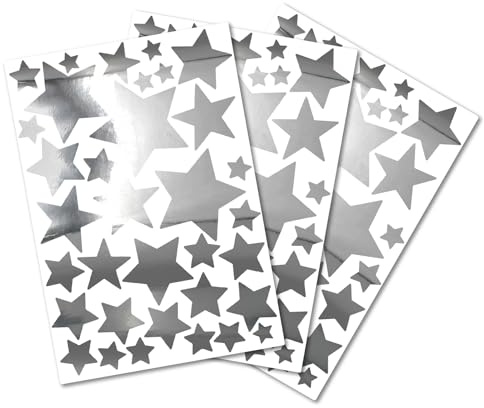 100 Metallic Sterne zum Aufkleben 3-9cm Ø Chrom Sticker Deko Aufkleber Klebeaufkleber zum Basteln und Dekorieren Wandaufkleber Wandtattoo Y052 (Chrom Silber, Sterne)