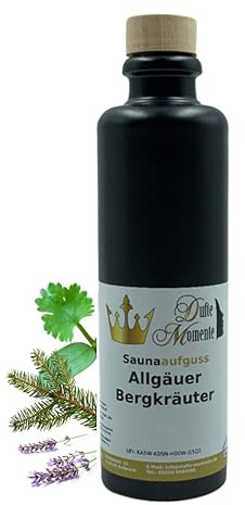 Dufte Momente | Saunaduft Konzentrat Allgäuer Bergkräuter 200ml | in Steinzeugflasche mit Korkmündung | ätherische Öle | vegan, ohne Tierversuche