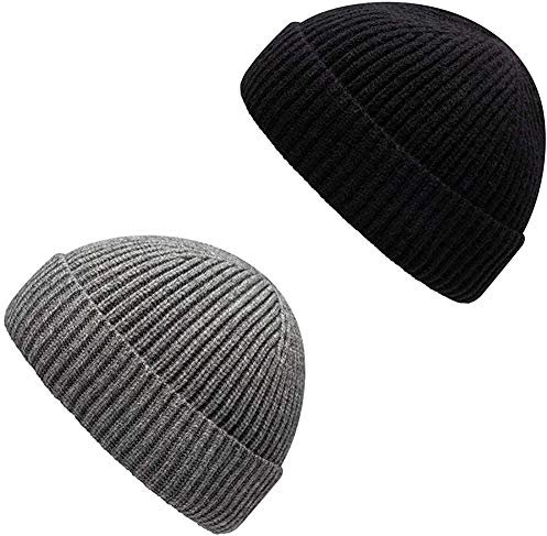 Furwabo Trawler Beanie Watch Hut Aufrollen Edge,Winter Warme Strickmützen Fischer Unisex(Schwarz+Grau)