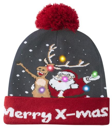 Belovecol Weihnachtsmütze LED Mütze Strickmützen Elch und Weihnachtsmann Beleuchtung Herren Lustige Warme Neuheit Unisex Grau Weihnachtsmütze für Party